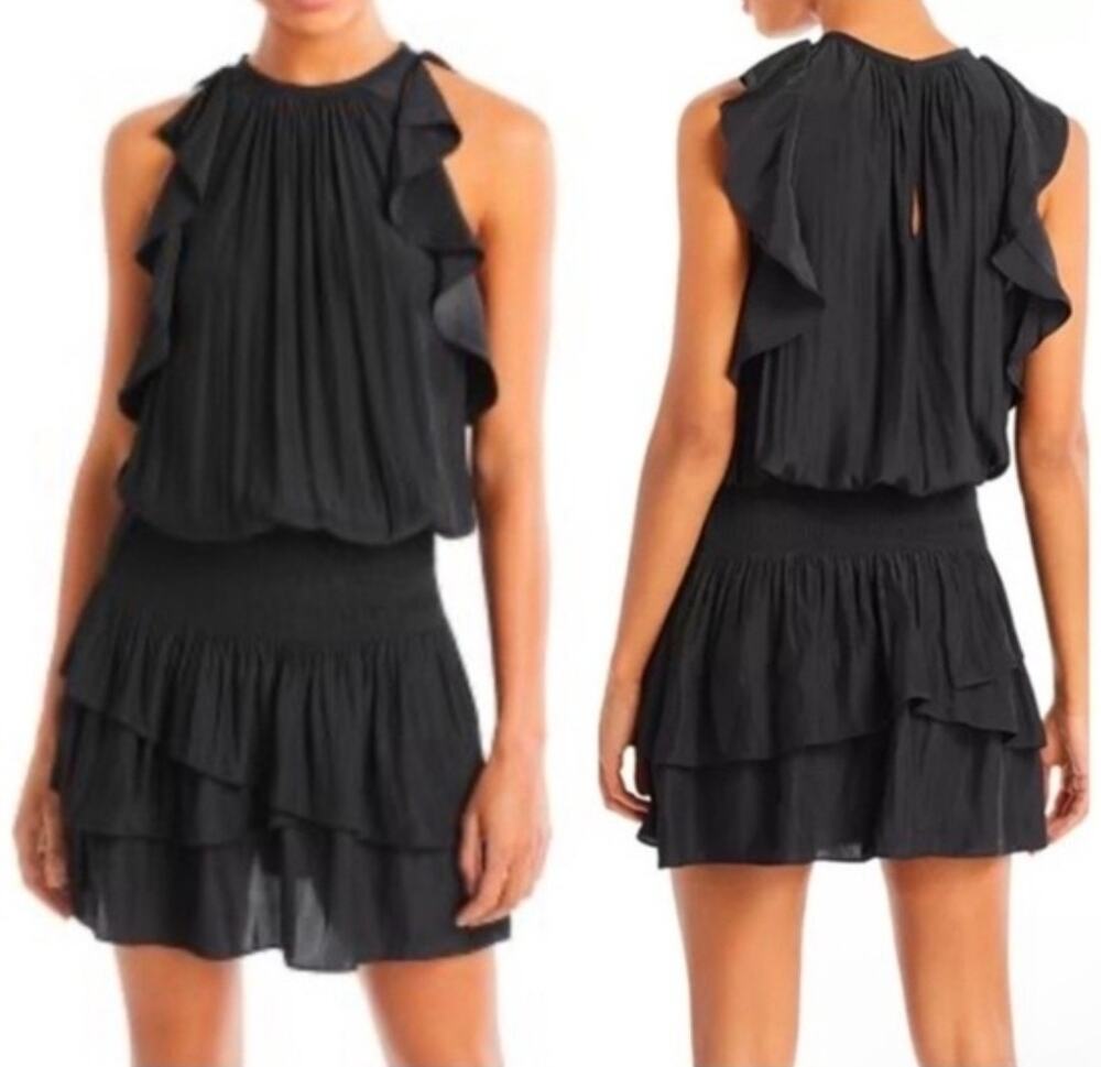 Ramy Brook Rembi Black Ruffle Sleeve Smocked Waist Mini Dress Size Medium